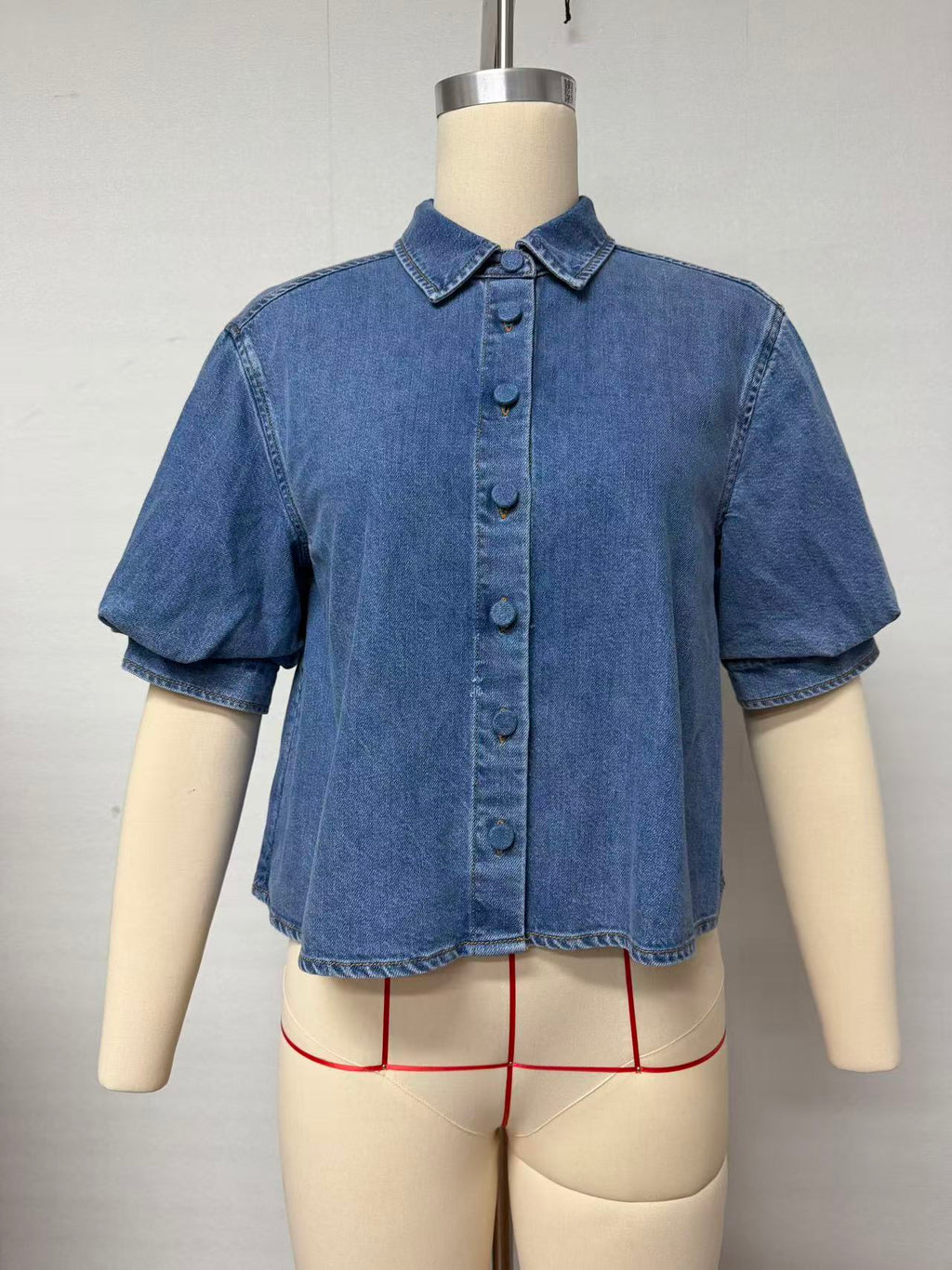 Short Puff Sleeve Denim Shirt