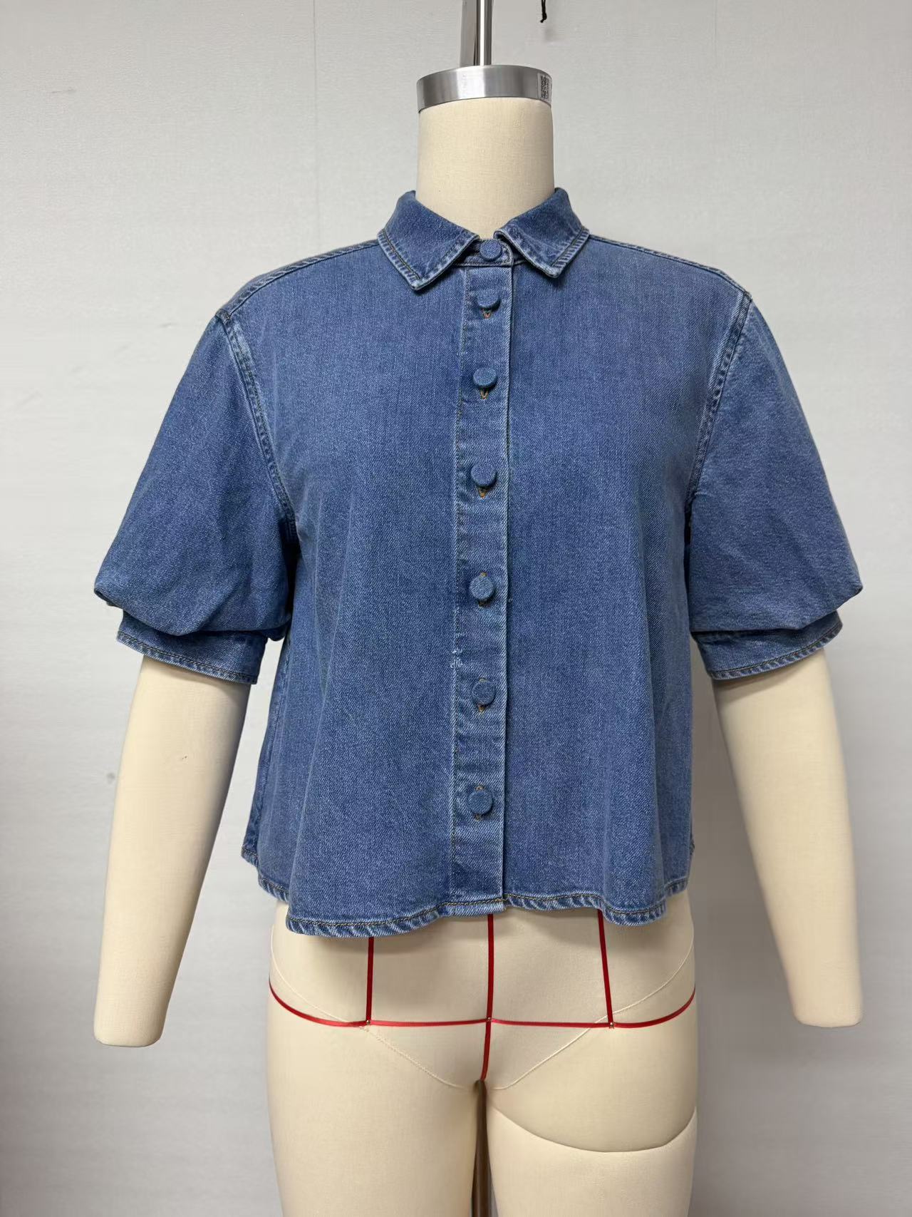 Short Puff Sleeve Denim Shirt