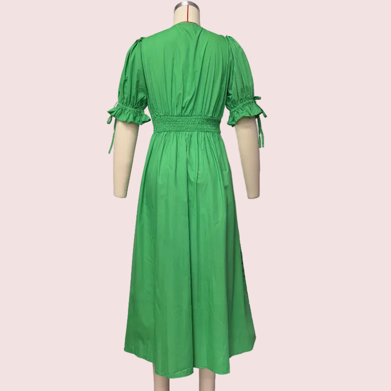 MB2002  Puff Short Sleeve V-Neck Midi Dress