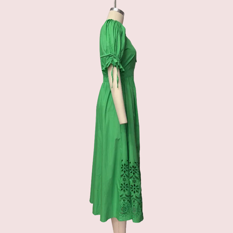 MB2002  Puff Short Sleeve V-Neck Midi Dress