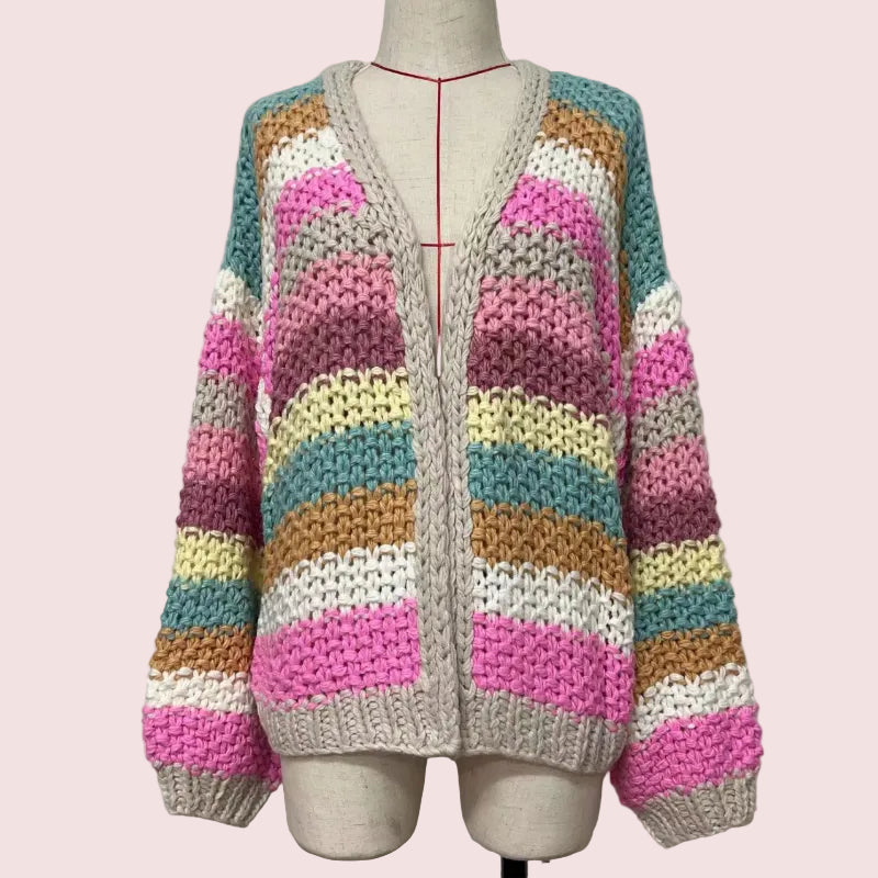 SG3001 Macaron Stripe Crochet Cardigan Sweater