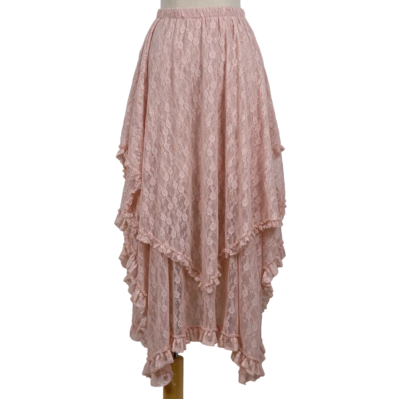 A light pink lace midi skirt with a tiered ruffle design, displayed on a mannequin torso against a light gray background.