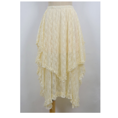 A cream-colored lace midi skirt with a tiered ruffled hem, displayed on a dress form against a light gray background.