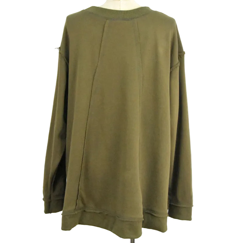 An oversized olive green long-sleeve sweatshirt displayed on a mannequin torso against a plain white background.