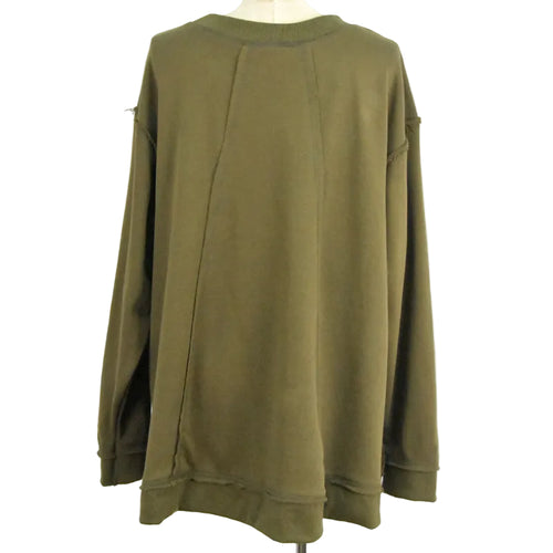 An oversized olive green long-sleeve sweatshirt displayed on a mannequin torso against a plain white background.