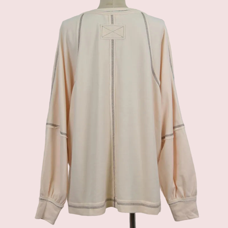 CH1006 V-Notch Contrast Stitching Sweatshirt Top