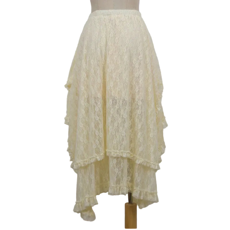 A cream-colored lace tiered skirt displayed on a dress form mannequin against a plain light gray background.
