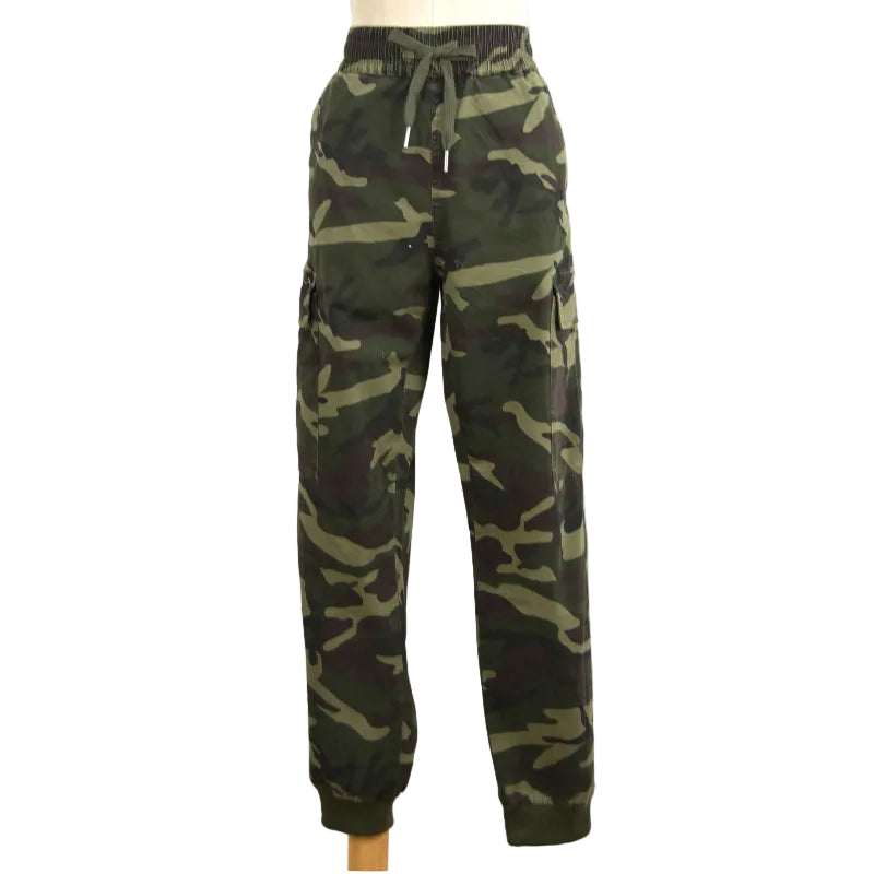 A pair of camouflage cargo jogger pants displayed on a mannequin lower body against a plain white background.