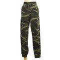 A pair of camouflage cargo jogger pants displayed on a mannequin lower body against a plain white background.