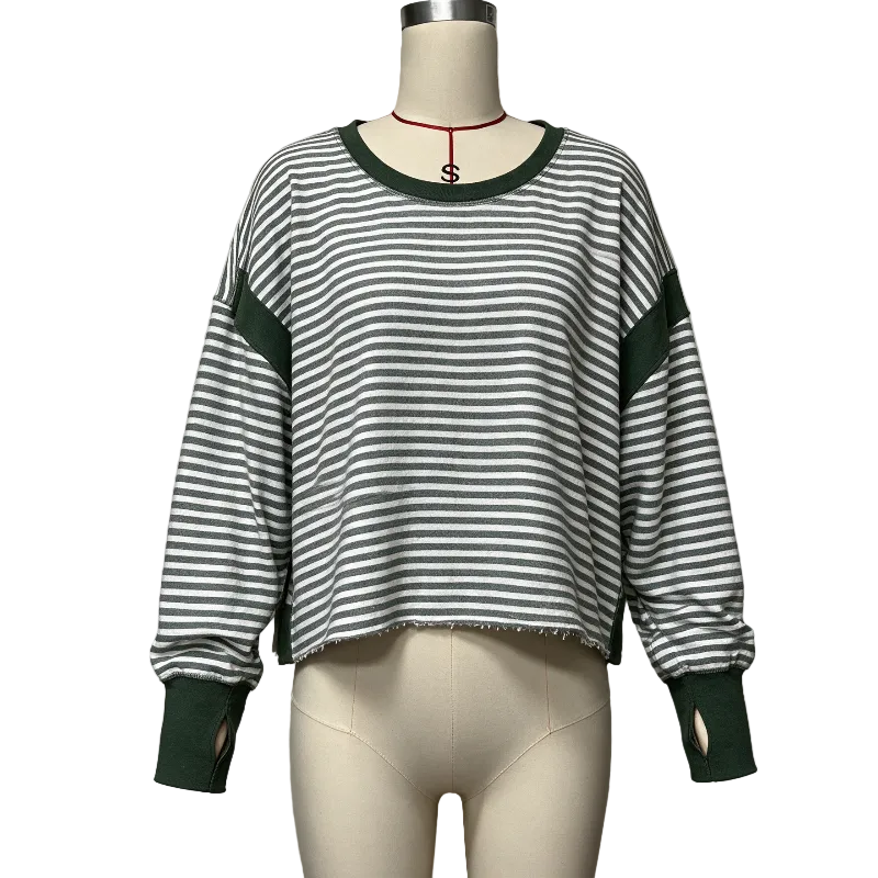 A striped long-sleeve crop top displayed on a mannequin torso. The top features horizontal gray and white stripes with solid dark green trim at the crew neckline, sleeve cuffs, and shoulder panels.