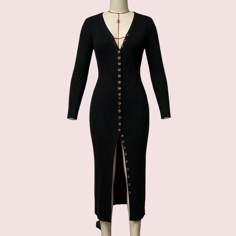 A black ribbed long-sleeve midi dress with a deep V-neck, front button closure, and front slit, displayed on a mannequin against a plain light gray wall.