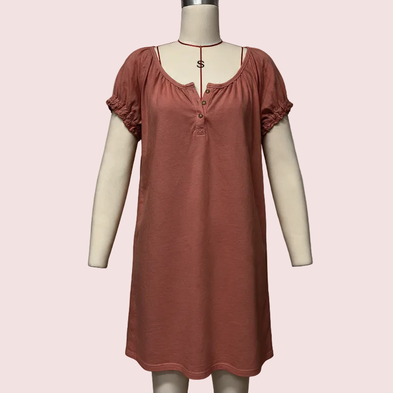 A short-sleeve henley nightgown in a dusty terracotta or muted rose-brown color, displayed on a cream-colored dress form mannequin against a light gray background.