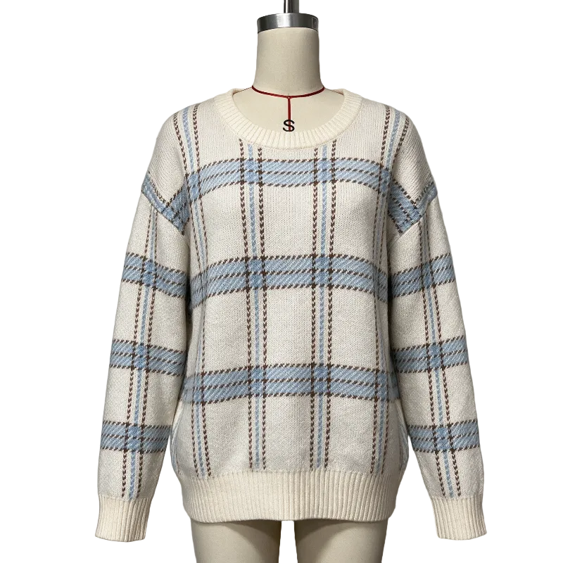 A cream-colored knit sweater with a blue and brown plaid pattern, displayed on a beige mannequin torso against a light gray background.