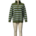 An olive green and white horizontally striped quarter-zip knit sweater displayed on a beige mannequin torso against a plain white background.