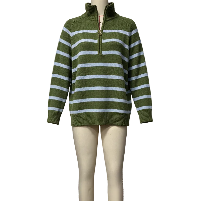 An olive green and white horizontally striped quarter-zip knit sweater displayed on a beige mannequin torso against a plain white background.