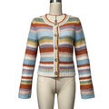 A multicolor horizontally striped knit cardigan sweater displayed on a cream-colored mannequin torso against a plain white background.