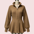 A camel brown ribbed knit zip-up cardigan sweater displayed on a mannequin against a light gray background.