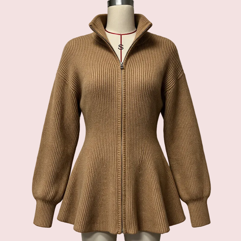 A camel brown ribbed knit zip-up cardigan sweater displayed on a mannequin against a light gray background.