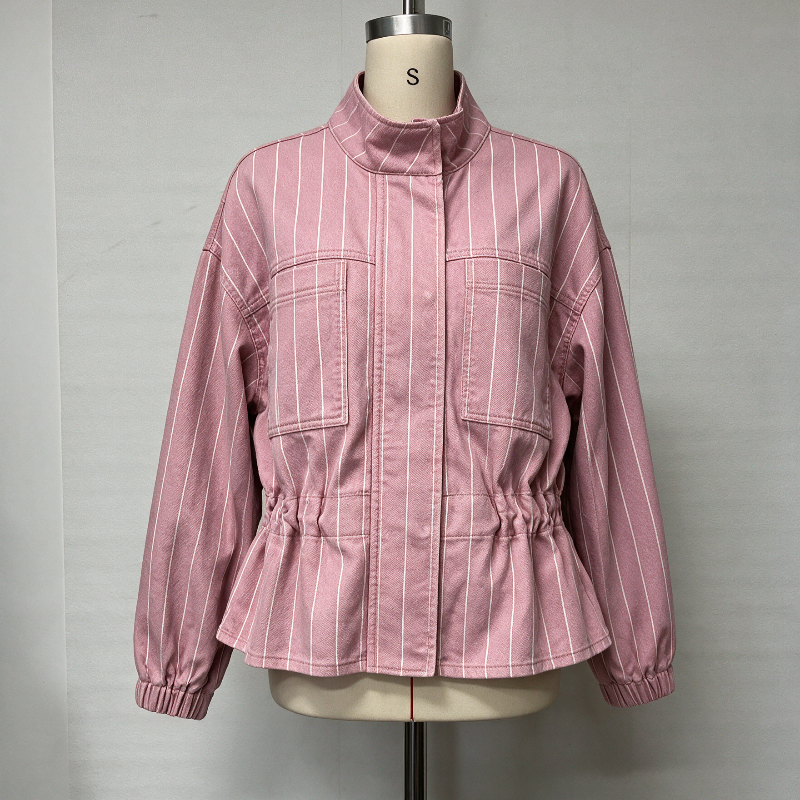 A pink cropped jacket with thin white vertical stripes, displayed on a mannequin torso. The jacket features a high mock neck, elastic waist, and front flap pockets.