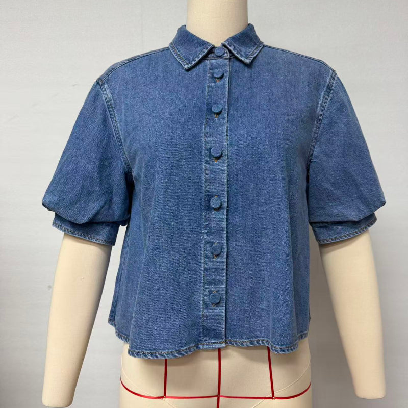 SHT1180 Short Puff Sleeve Denim Shirt