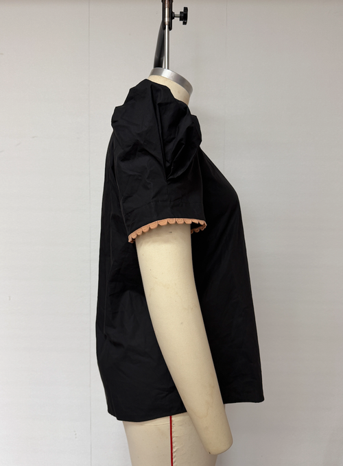SHF-Black Ricrac Trim Color Block Patchwork Shirt Collar Short Sleeve Blouse