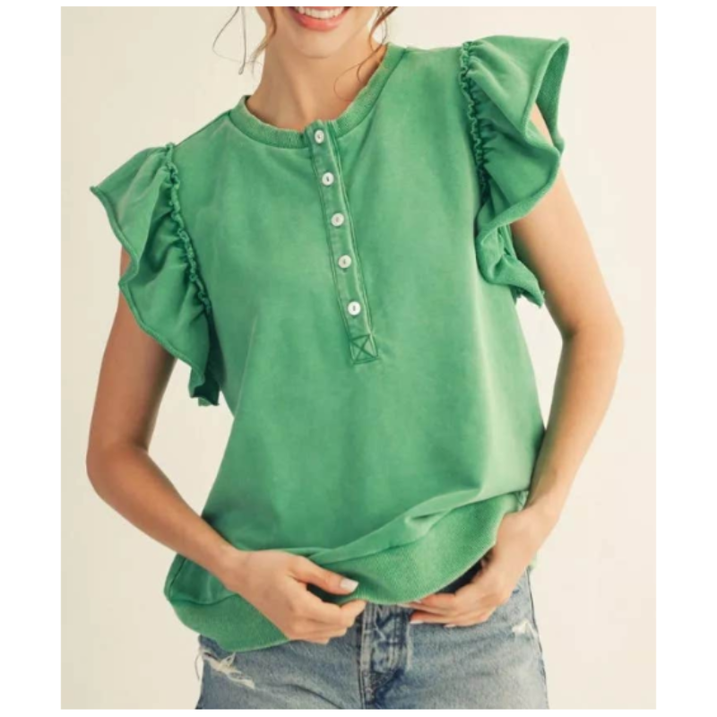 ZZ1001 Acid Wash Button Up Ruffle Top