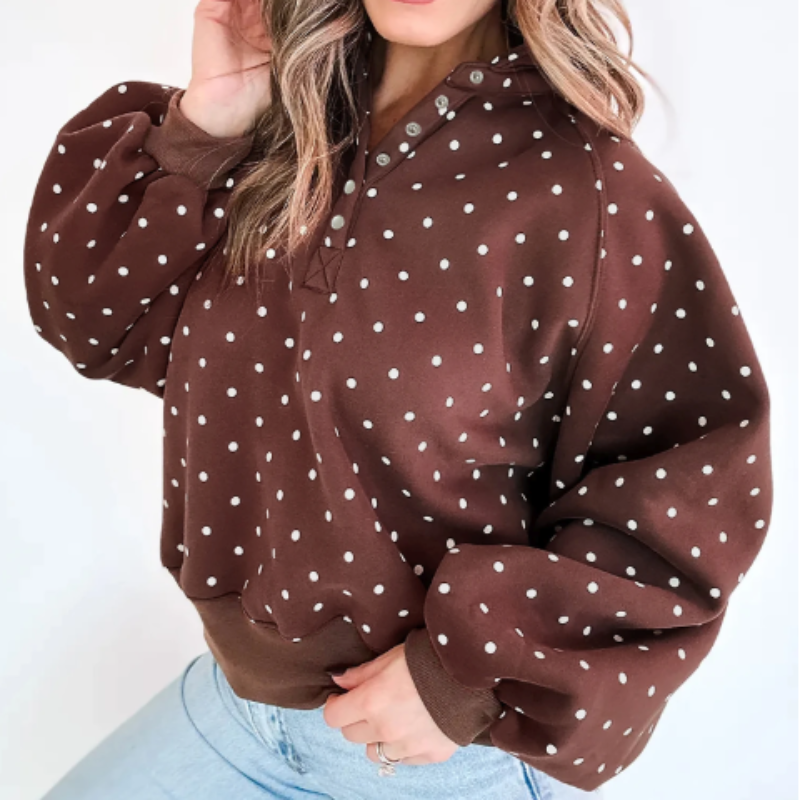 MB1001 Brown Polka Dot Print Metal Button Collar Casual Pullover Sweatshirt