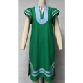 A green short-sleeve tunic dress with light blue trim and a light blue V-neck panel, displayed on a beige mannequin against a light gray background.
