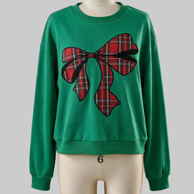 ZZ1003 Bow Plaid Green Oversized Sweatshirt