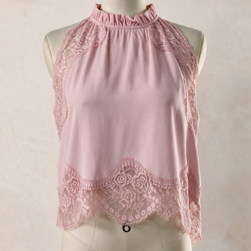 A sleeveless high-neck blouse in light pink, featuring floral lace trim along the neckline, armholes, and hem, displayed on a cream mannequin torso against a neutral beige background.