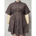 A short-sleeve button-front shirt dress with a flared skirt, shown on a mannequin. The dress has vertical brown and white stripes and is photographed against a plain light gray background.
