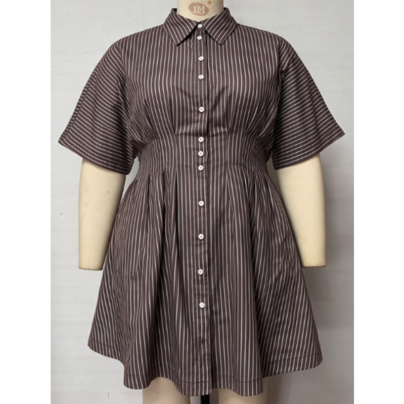 A short-sleeve button-front shirt dress with a flared skirt, shown on a mannequin. The dress has vertical brown and white stripes and is photographed against a plain light gray background.