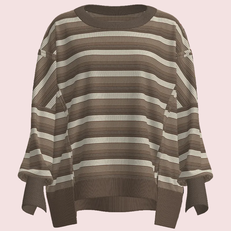 A brown and beige horizontally striped knit sweater with a crew neck, oversized sleeves, and draped side details, shown against a plain white background.