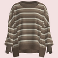 A brown and beige horizontally striped knit sweater with a crew neck, oversized sleeves, and draped side details, shown against a plain white background.