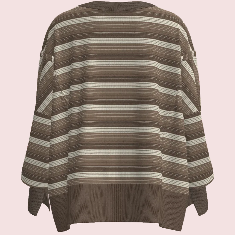 A brown and beige striped knit cardigan sweater shown from the back, featuring a relaxed fit, wide sleeves, and ribbed trim.