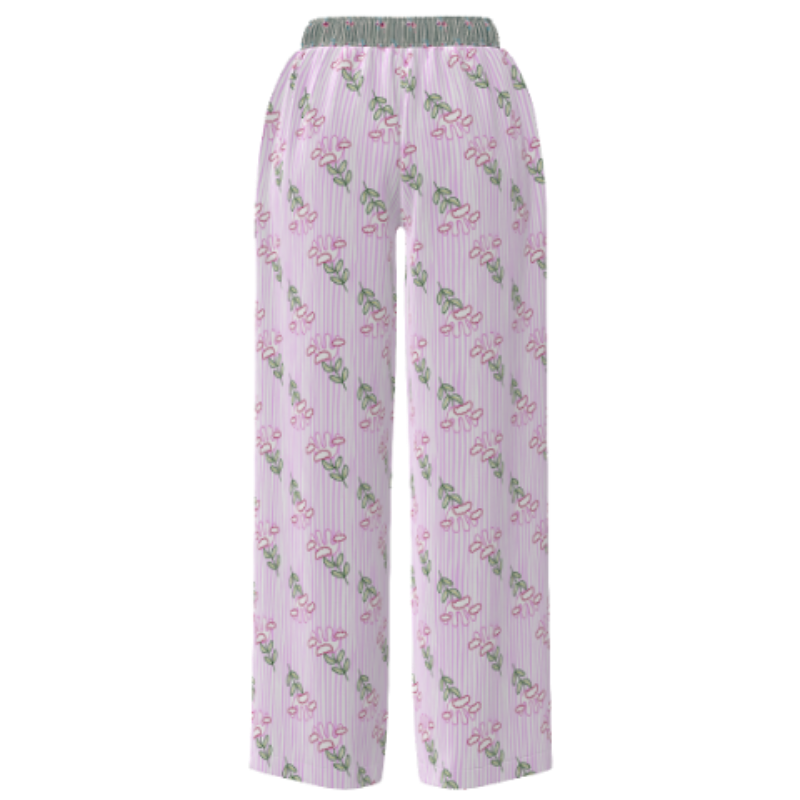 Light purple wide-leg pajama pants with a vertical stripe pattern and an all-over green and pink floral print, featuring an elastic waistband.